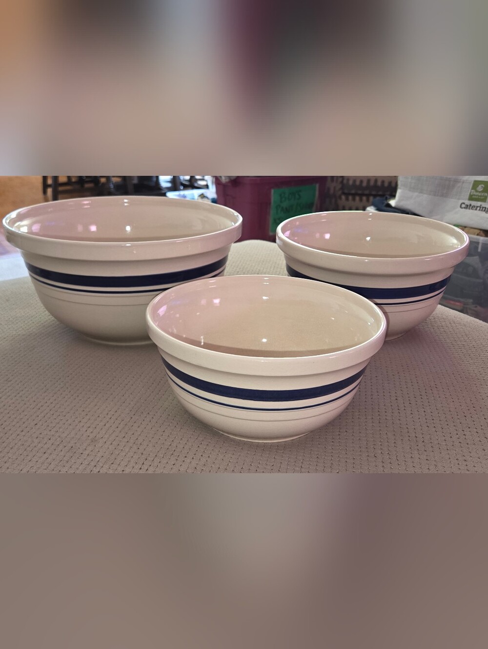 Roseville Friendship Pottery Nesting Bowls Set 3 Blue Stripe Stoneware USA Made